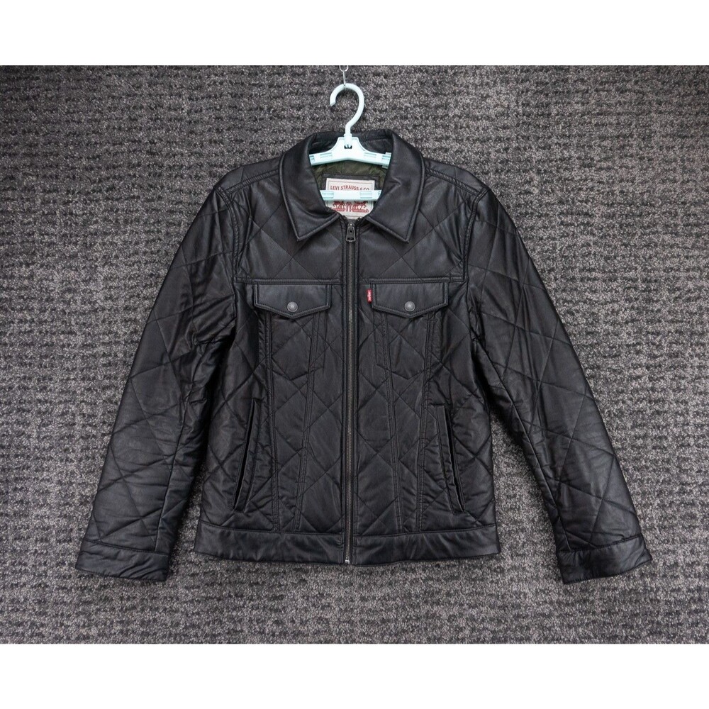 Levis Jacket Womens Small Black Full Zip Lined Quilted Faux Leather Outdoor